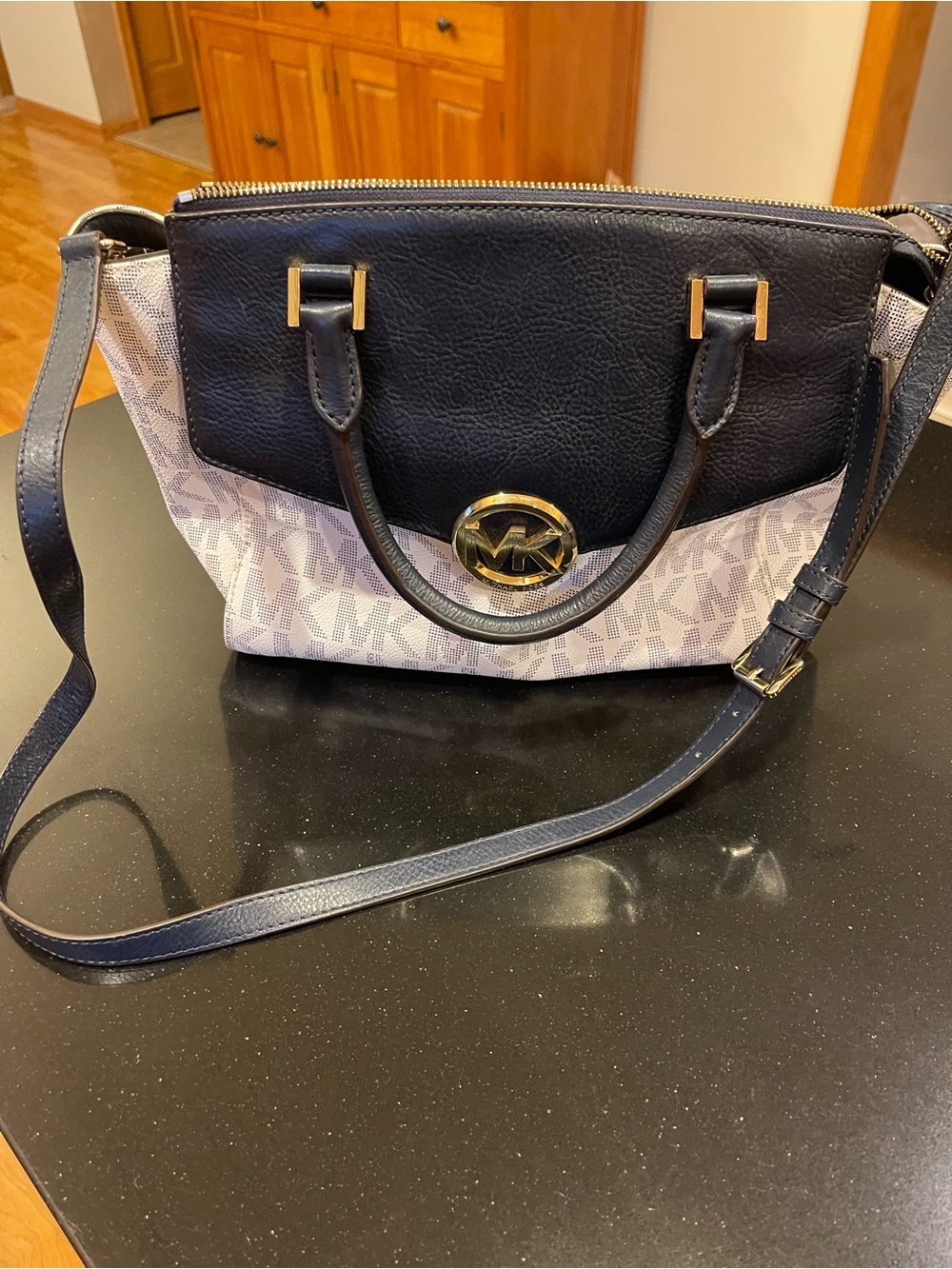 Michael Kors Black and Light Gray MK Logo Crossbody Satchel